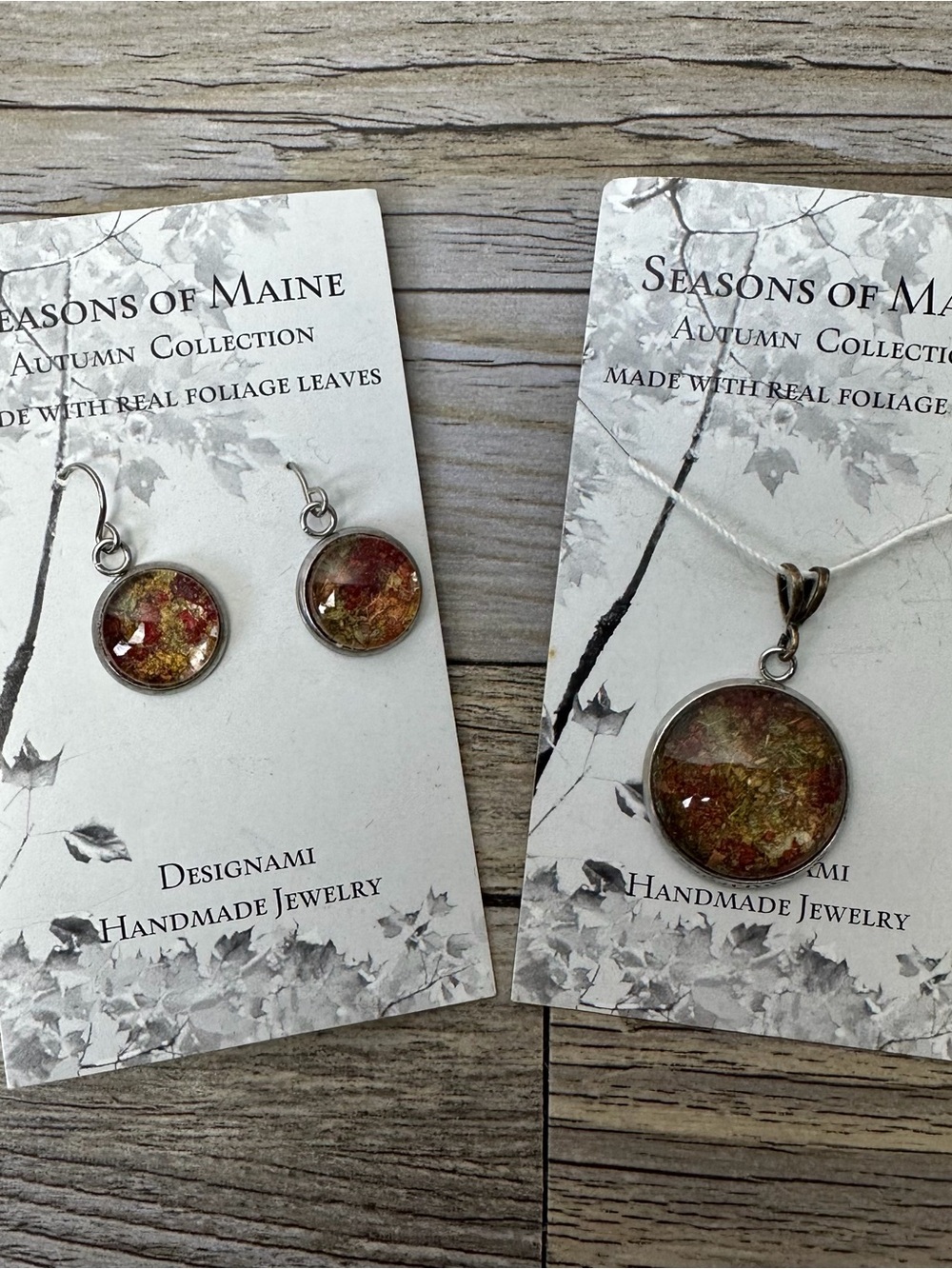 Seasons Of Maine Hand Crafted Pendant & Earrings Fall Autumn Leaves # 3705